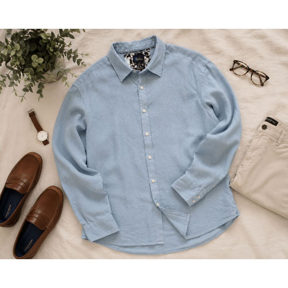 Boden Men's Flax Linen Blend Button Down Shirt Blue Lightweight Casual Size XL